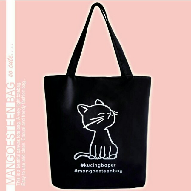 Mangoesteen Tas Nylon Besar Gambar Kucing Serbaguna Black