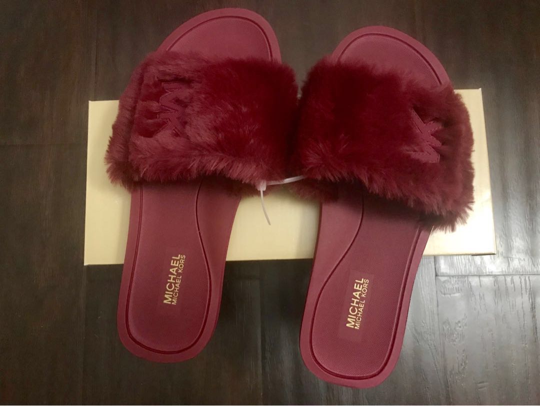 mk faux fur slides