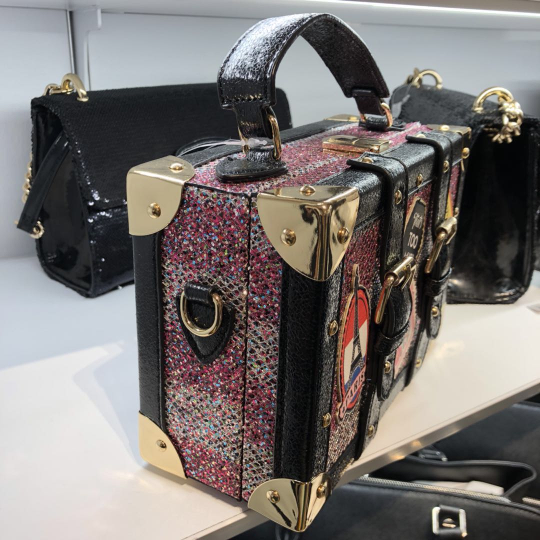 Aldo Calini Black Suitcase Trunk Messenger Square Box Purse Crossbody Bag