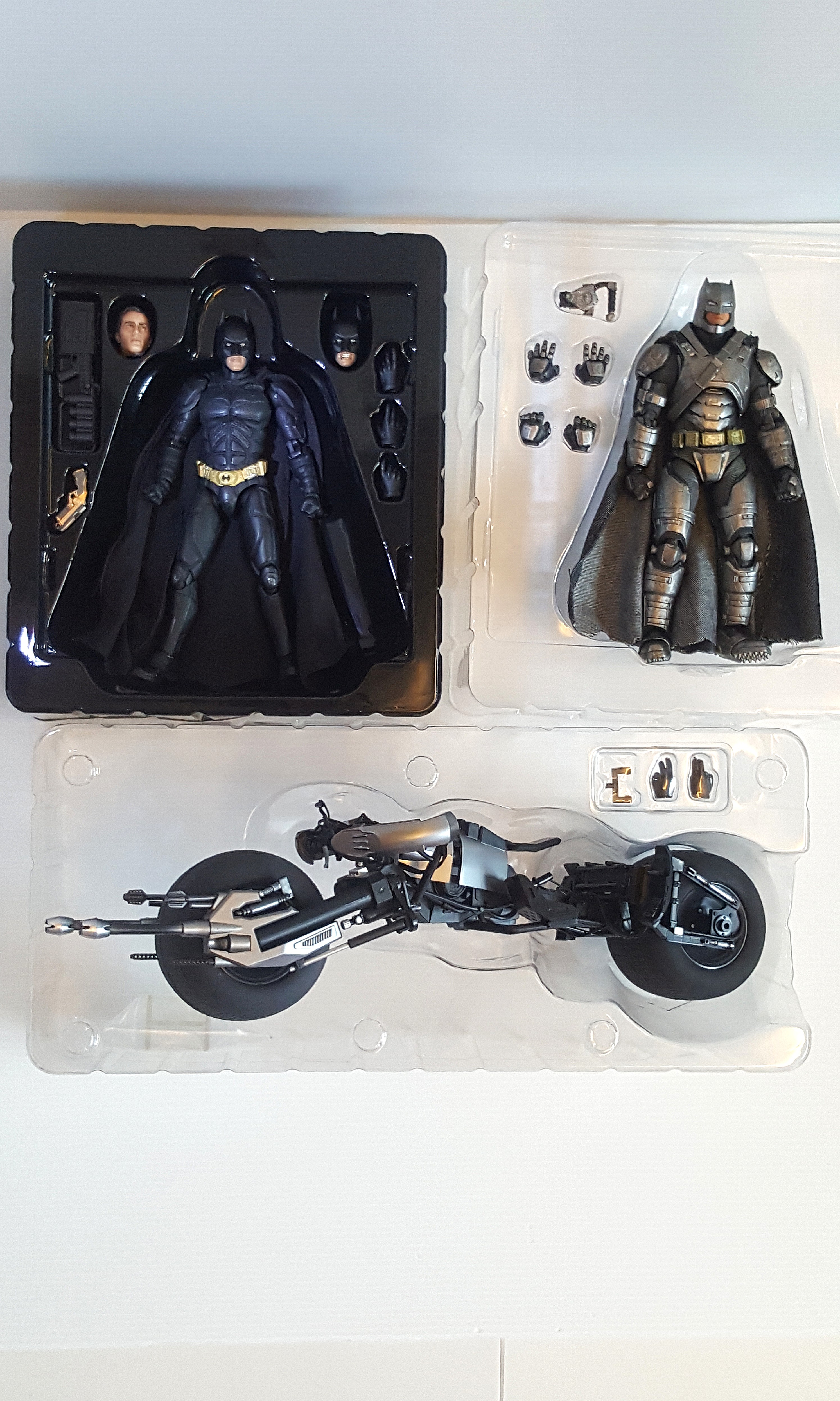 MAFEX No. 007 Batman Version 2.0 The Dark Knight Trilogy Movie Action  Figure, No. 008 Bat-Pod and No. 203 Batman V Superman Armored Batman  (Selling as