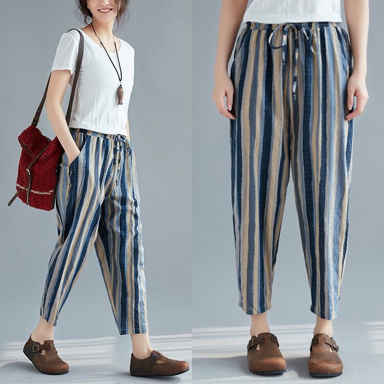 Plus Size Pants Female Loose Casual Pants Art Vertical Stripes