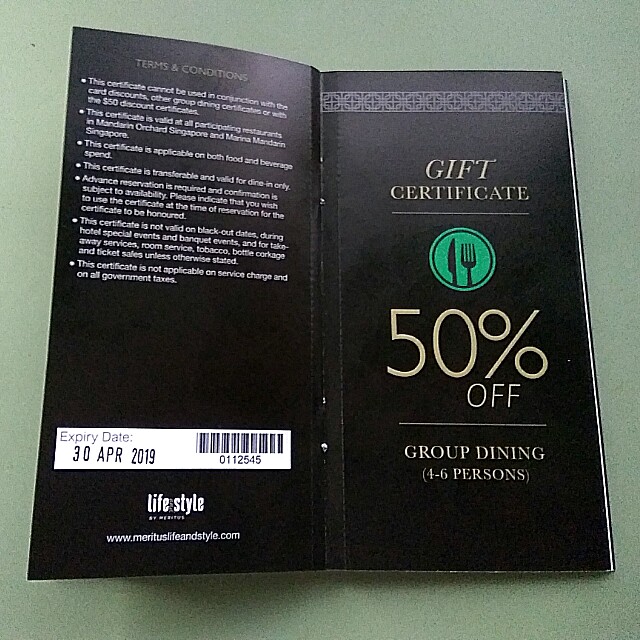 Mandarin Hotel Group Dining Certificate, Tickets & Vouchers, Vouchers