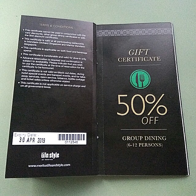 Mandarin Hotel Group Dining Certificate, Tickets & Vouchers, Vouchers