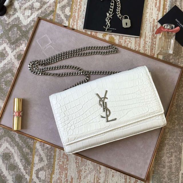Saint Laurent Chain Wallet In Pearl White Crocodile Embossed