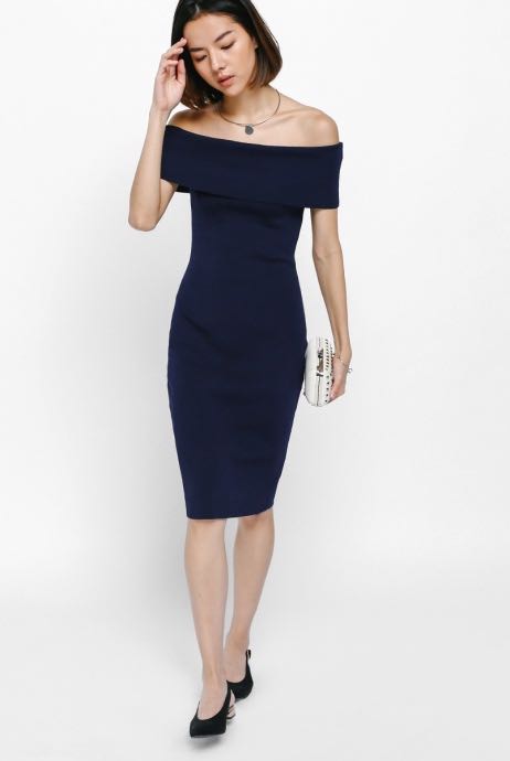 navy blue off the shoulder midi dress