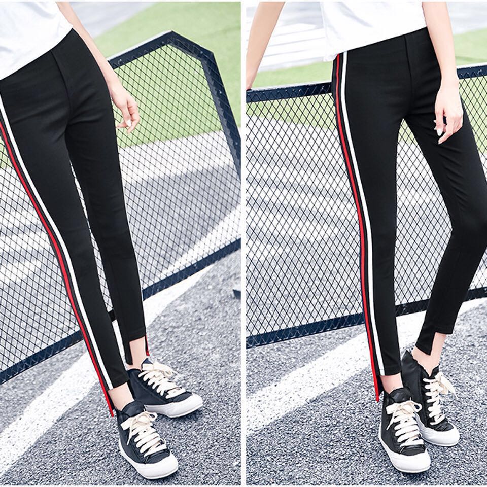 red black and white striped pants