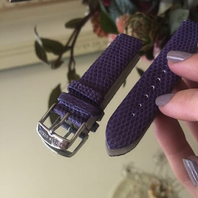 Philip Stein 18mm Purple Lizard Strap 1-ZLPR (Category: Luxury Watches) located in Pasig City. Submitted by e.garagesale (Listing ID 109410084, Image 1). Description: Original Philip Stein 18mm Purple Lizard Strap Features: 18mm Purple Lizard Strap Fits size 1, 100, 21 and 41 Philip Stein Watch Heads Band Material Type: Leather Lizard Band Width: 18mm Band Size: Womens-standard Product information Product Dimensions: 6.4 x 3.4 x 1 inches Item Wei
