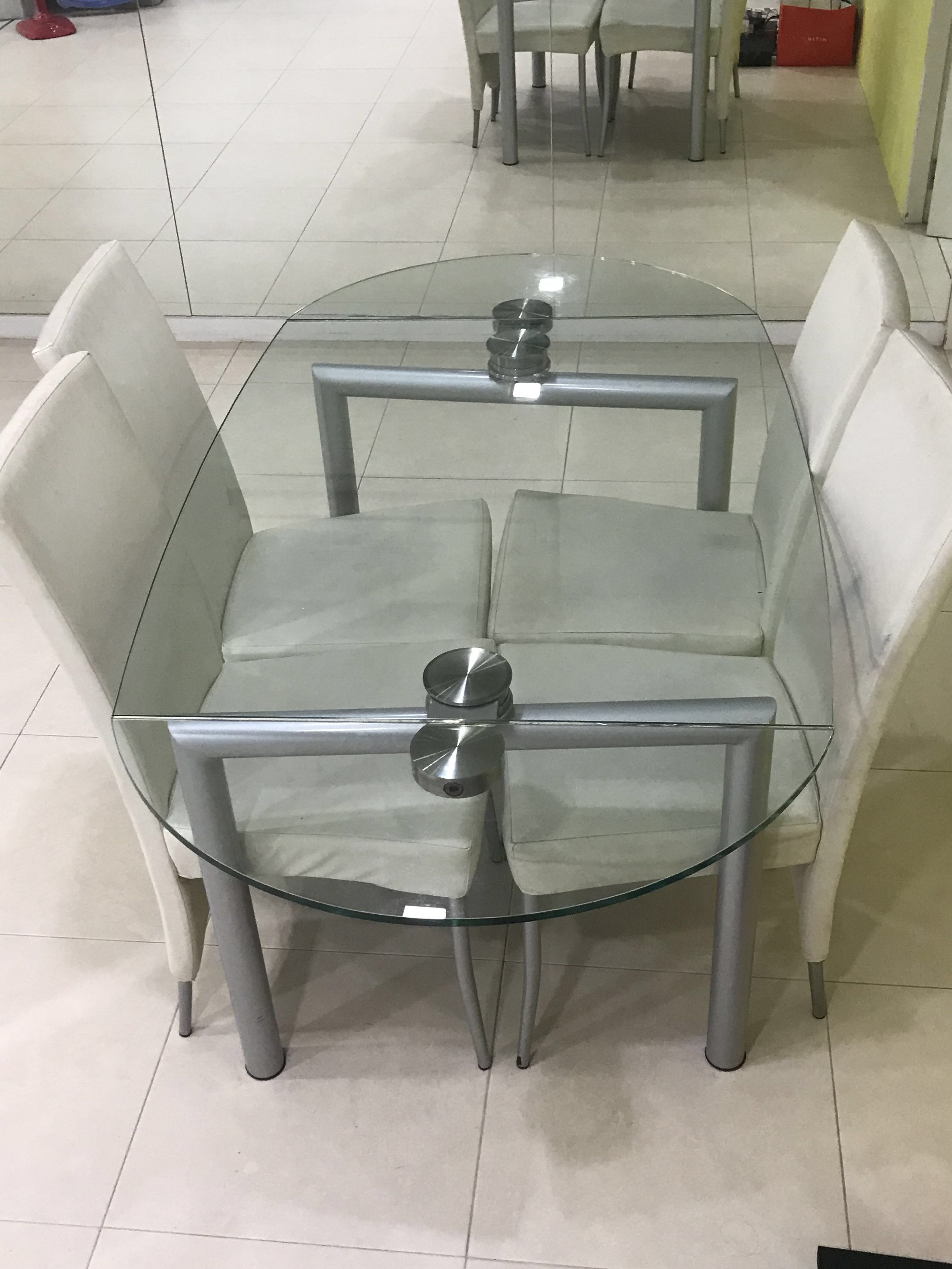 Used tempered glass dining table and 4 white dining chairs, Furniture