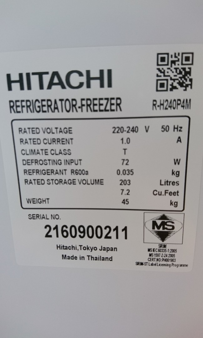 Hitachi fridge model RH240P4M, TV & Home Appliances, Kitchen