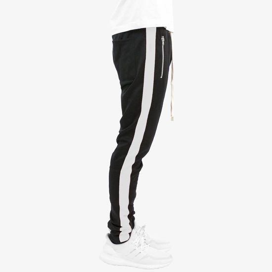 black track pants white stripe