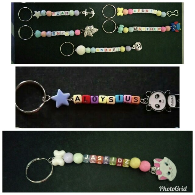 Personalize name keychains (Category: Handmade Craft) located in Singapore. Submitted by galz22 (Listing ID 163309521, Image 2). Description: Good to give as a gift for birthday, teacher day, children day, Christmas day and many other occasions. For beads color, we will mix and match for you. Waiting time: 2-3 days after finalised name. Key ring size 4cm with beads will be 4.5cm. $4.00 set with 1 key ring, 1 hook and 1 charms. 6 color beads with 