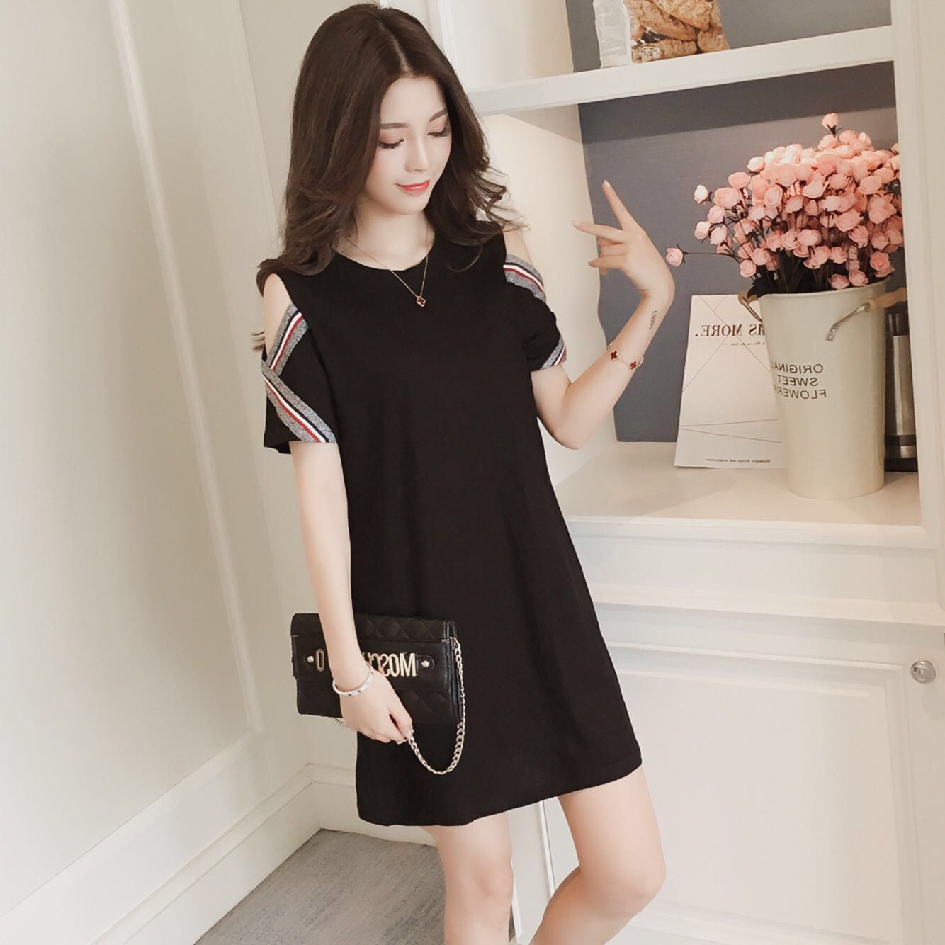 Black Coloured Stripes Trim Crossed Sleeves Korean Style Dress Black Coloured Stripes Trim Crossed Sleeves Korean Style Dress Women S Fashion Clothes Dresses Skirts On Carou