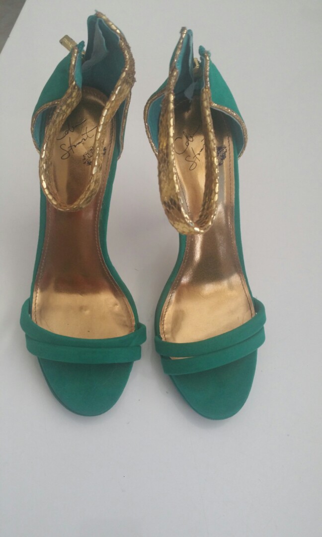Emerald green \u0026 gold ankle strap heels 