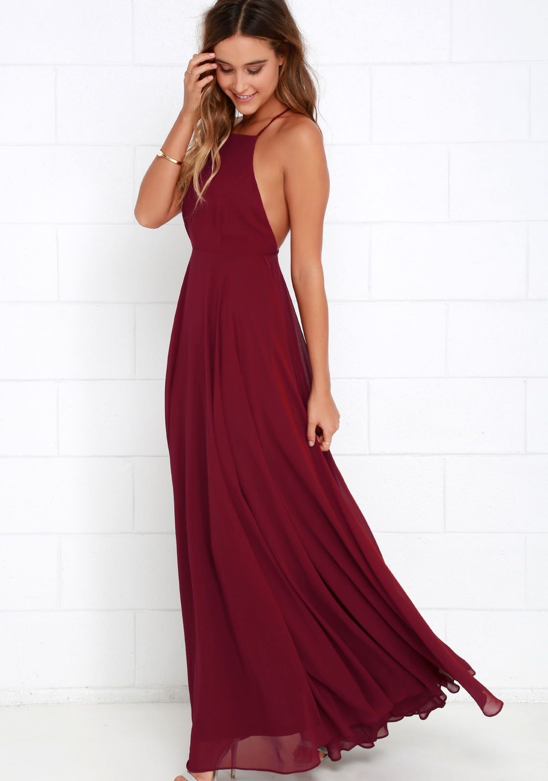 maroon backless dress