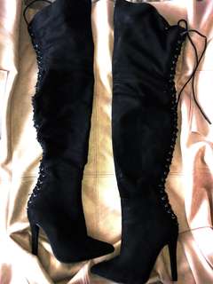Black lace up high heels / Kylie Jenner black suede thigh high heels