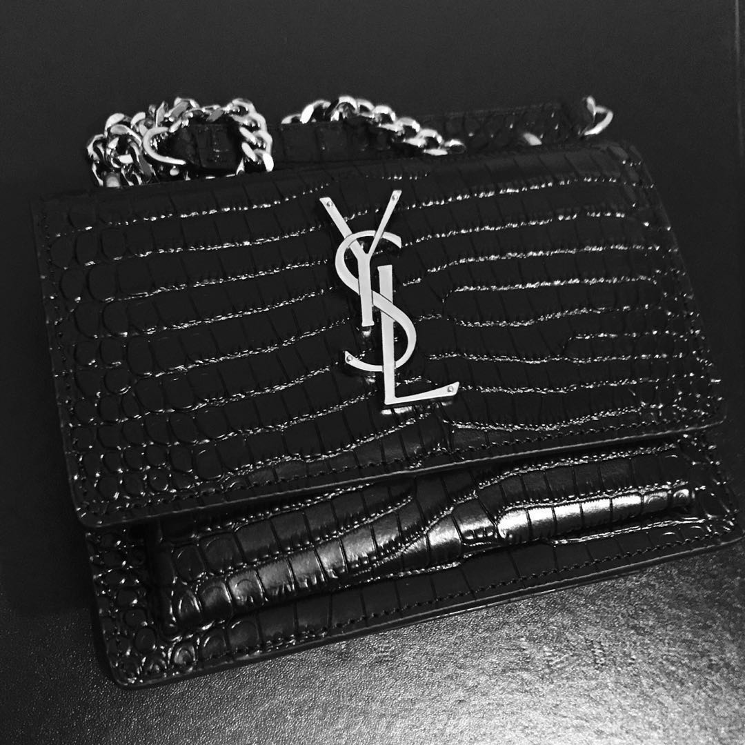 Saint Laurent Sunset Monogram YSL Small Crocodile Embossed Wallet on Chain