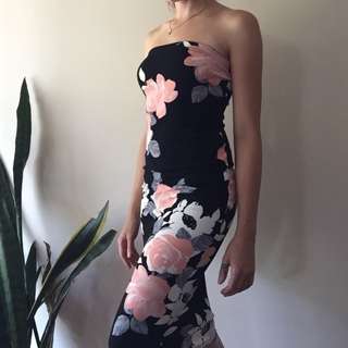 black and peach crepe floral midi dress size 4 - 6