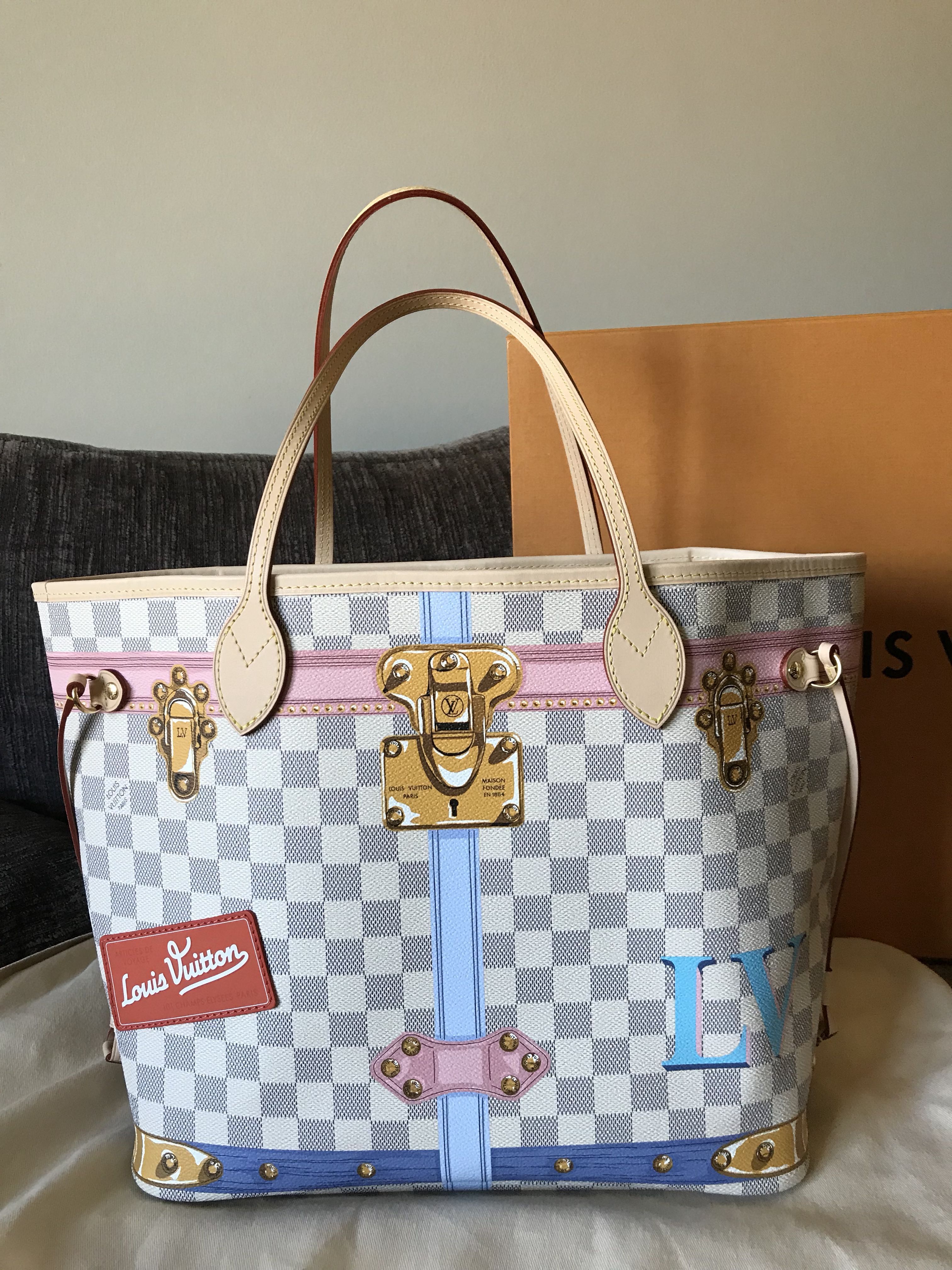 Louis Vuitton MIAMI Summer Trunks Damier Azur Neverfull MM Bag White Pink  NEW