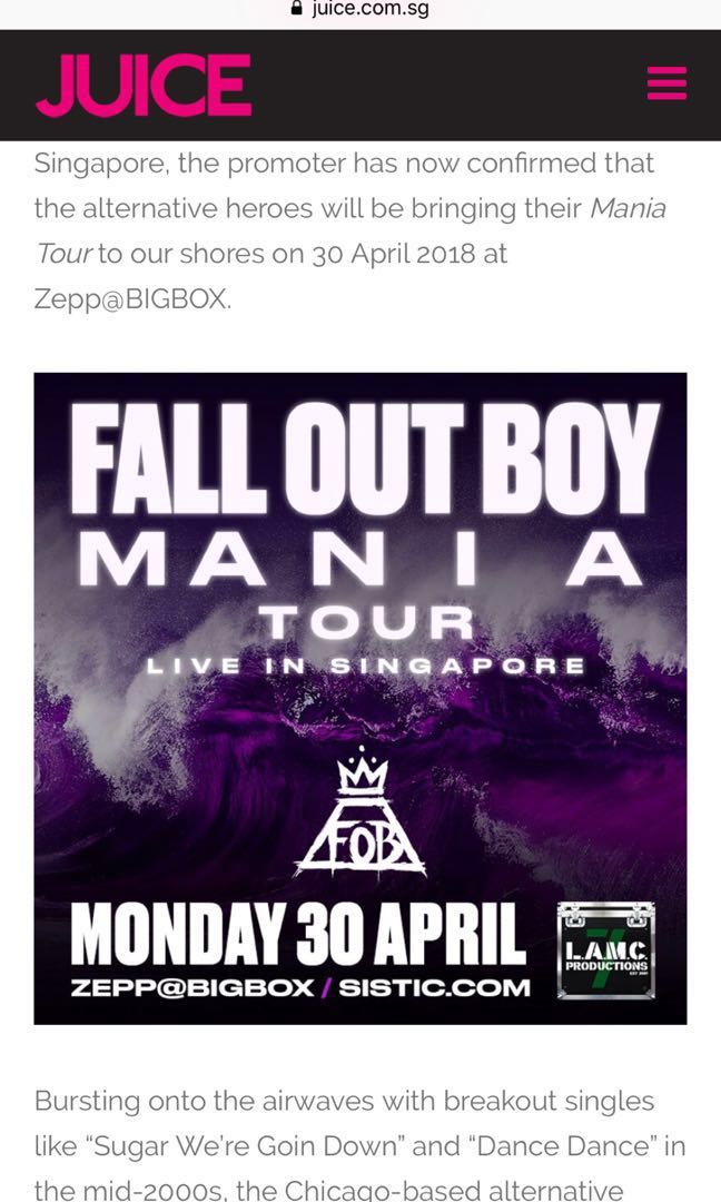 Fall Out Boy Mania Tour Singapore Entertainment Events Concerts On Carousell