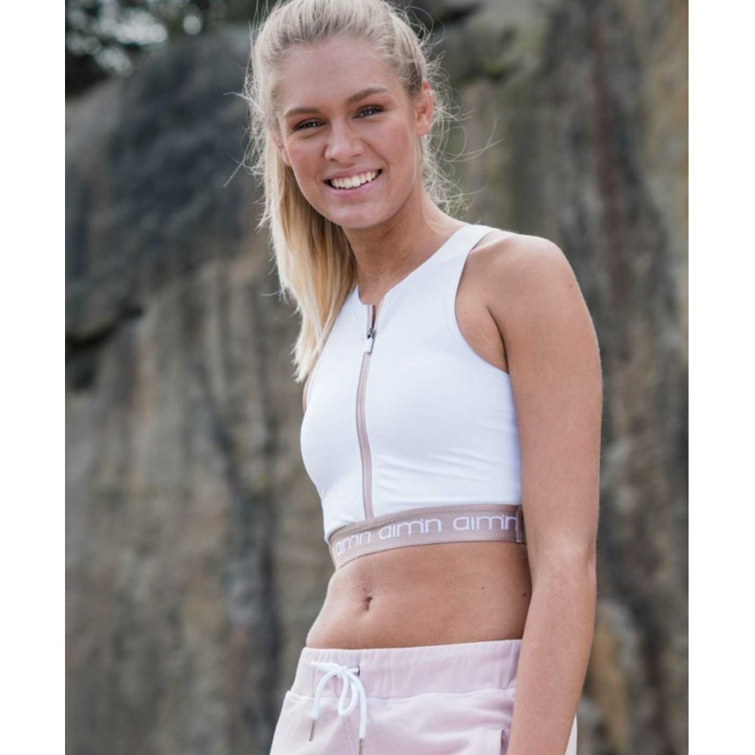 AIM'N White Zip Crop Sports Bra / Top, Women's Fashion, Tops, Other Tops on  Carousell