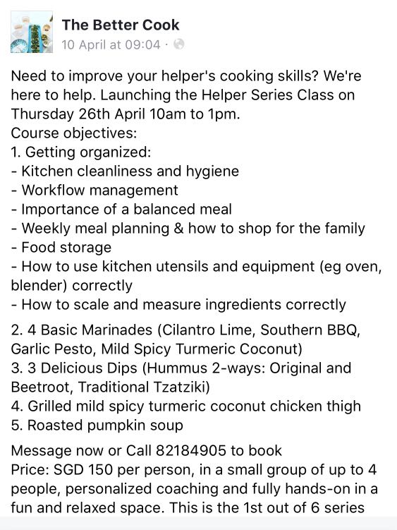 Cooking Classes for Helpers, Food & Drinks, Local Eats on Carousell