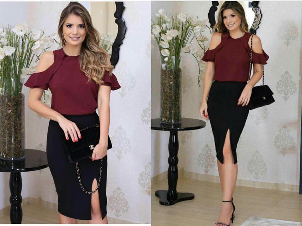 black skirt and maroon top