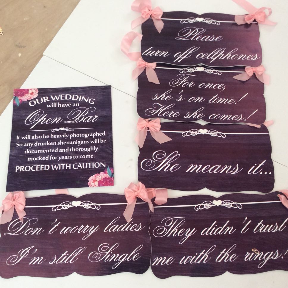 Wedding Signage (Category: Everything Else Others) located in Bay. Submitted by fabfindsforless (Listing ID 163400464, Image 2). Description: WEDDING SIGNAGE 📌1 pc Unplugged Wedding Signage ( Sticker on Sintra/ 5mm / 24”x36”) 📌5 pcs Entourage Signage ( Sticker on Sintra / 3mm / 16” x 8”) 📌1 pc Open Bar Signage.