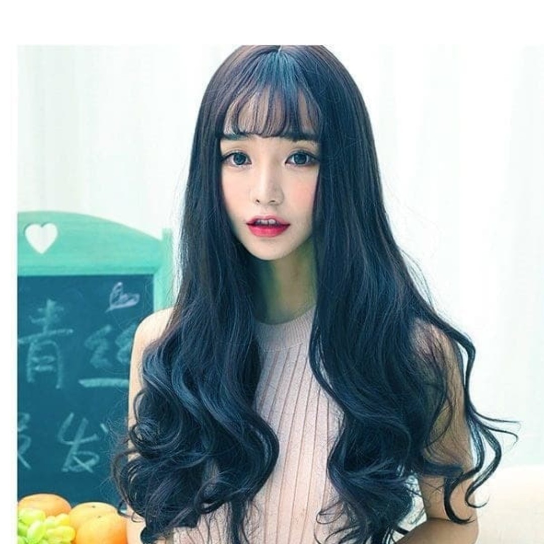 Wig Panjang Rambut Palsu Hitam Murah Korea Curly Poni Natural Black