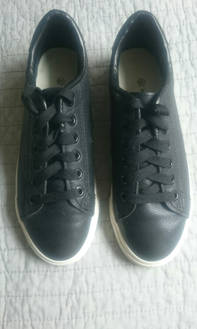 black faux leather trainers