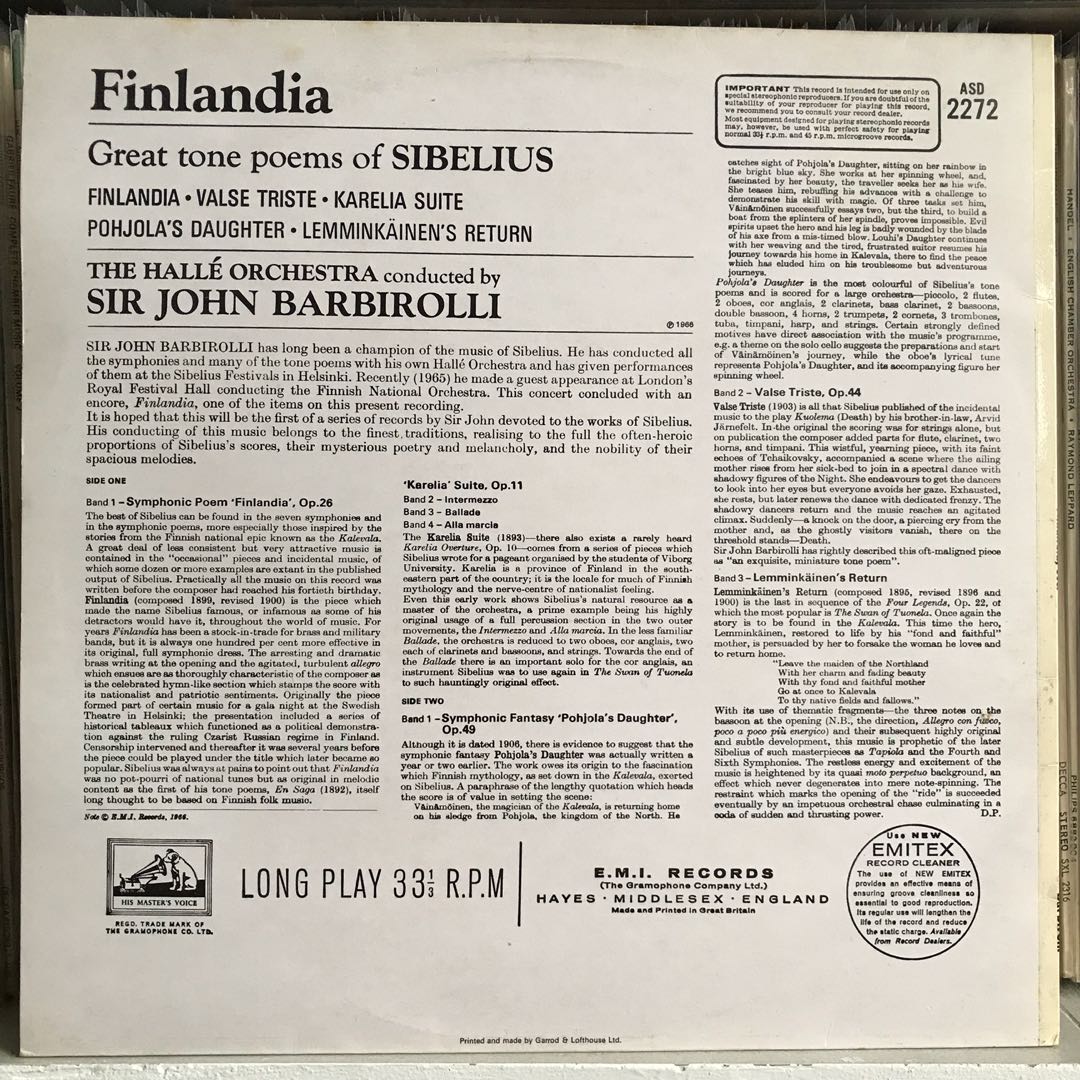 Sibelius Orchestral Music Barbirolli & Halle EMI ASD 2272, TV & Home ...