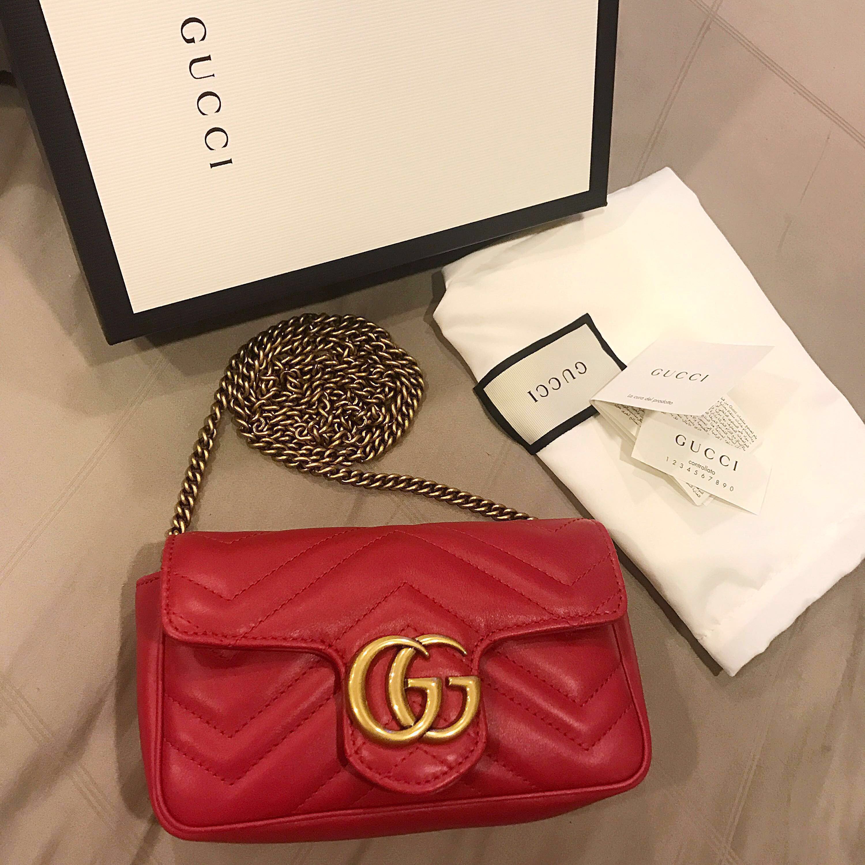 Gucci GG Marmont Matelasse Mini Chain Bag Hibiscus Red BNIB Made
