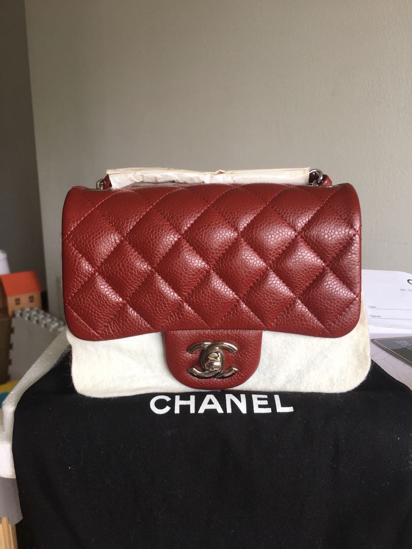 Chanel mini square burgundy red caviar silver hardware authentic genuine