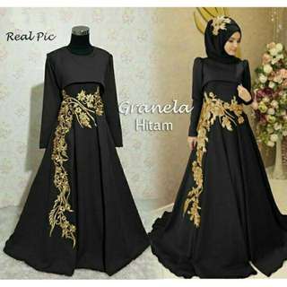 black and gold theme dress muslimah