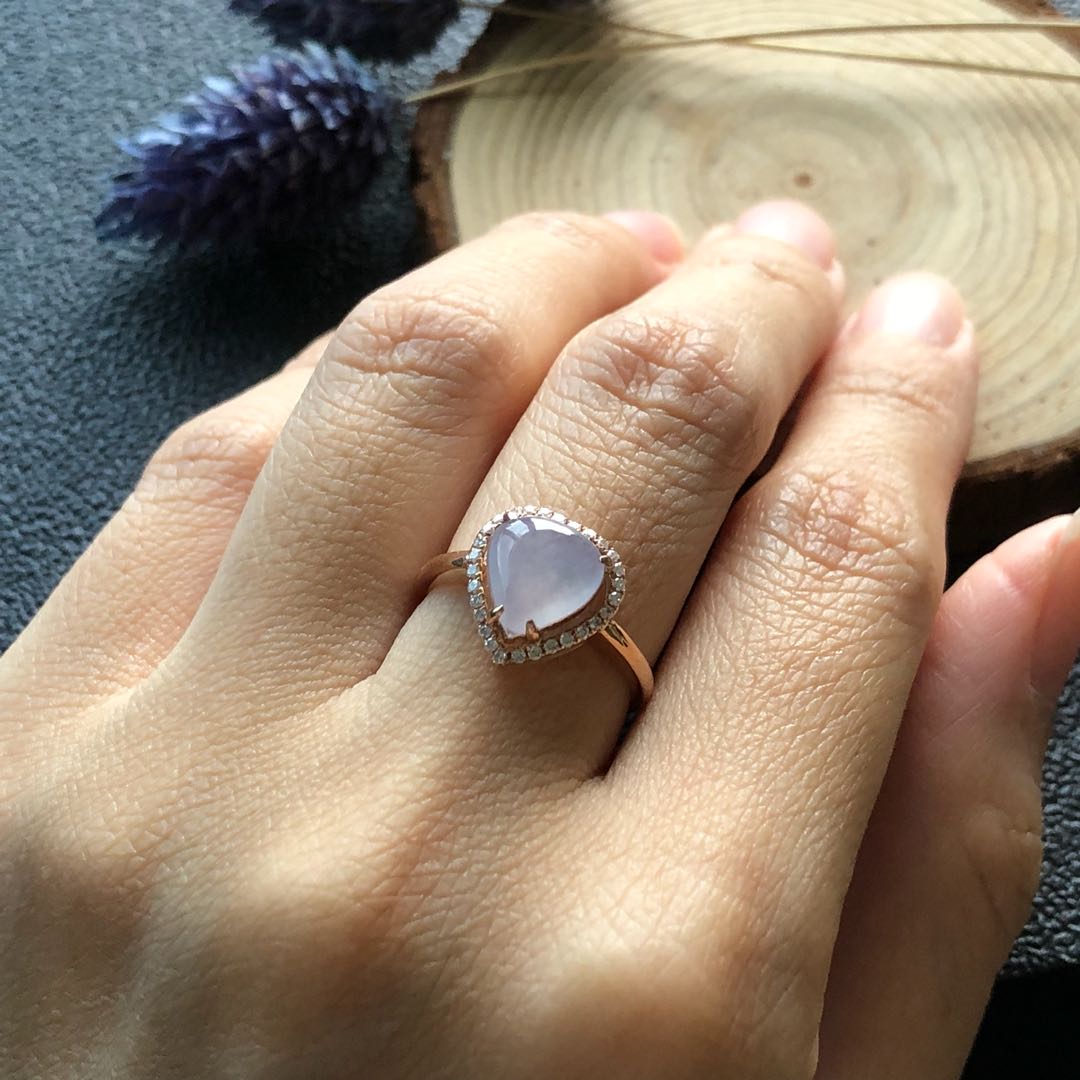 Icy A Grade Type A Natural Lilac Jadeite Jade Heart Ring 18k rose