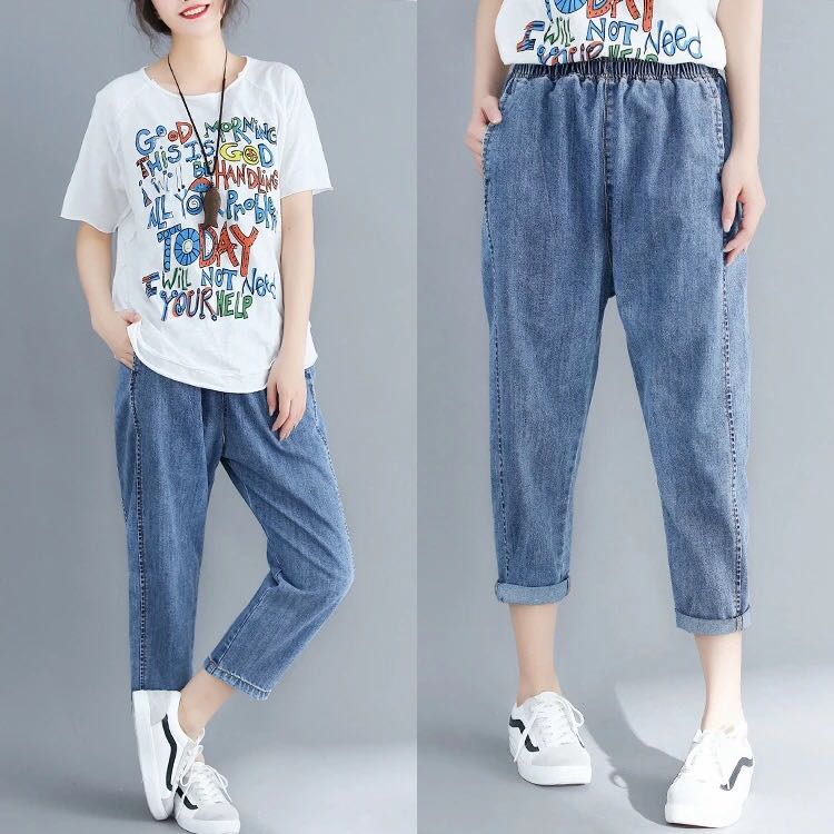 Plus Size Summer Casual Joker Elastic Waist Jeans Korean Fashion