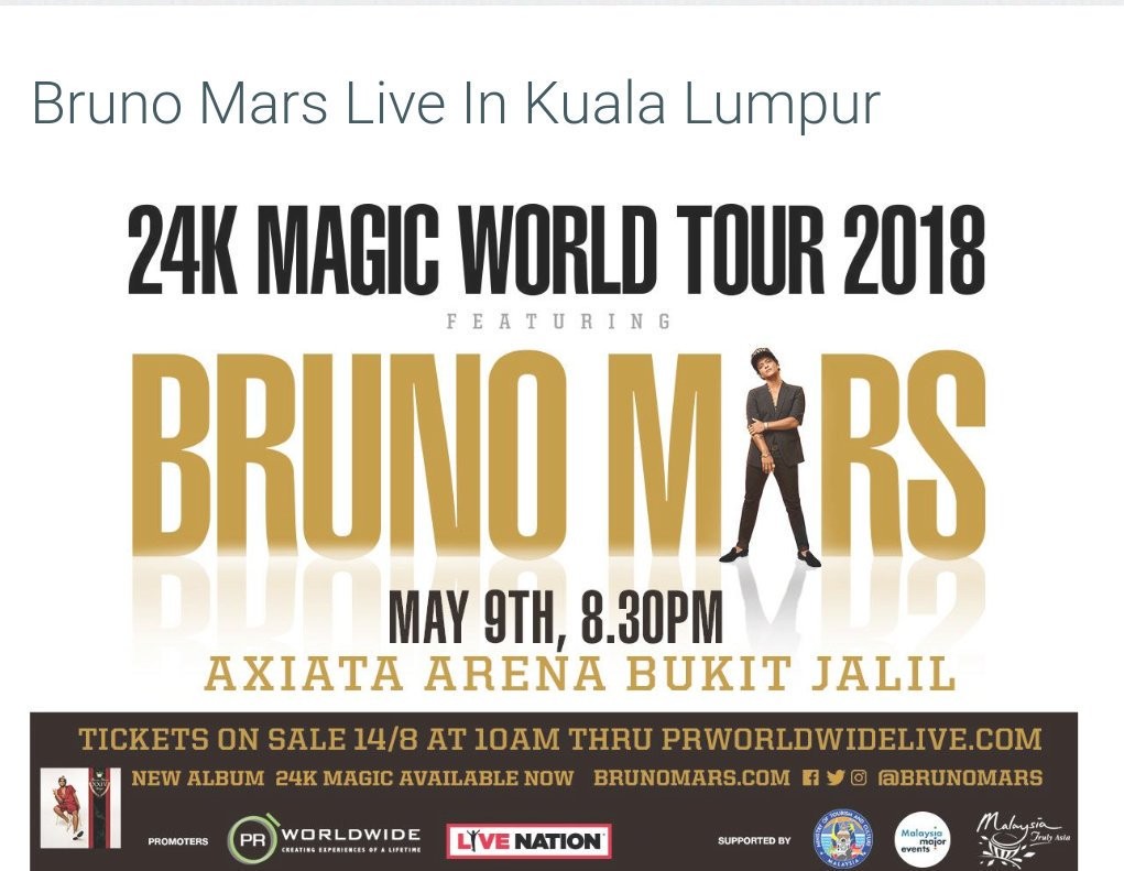 BRUNO MARS 24K CONCERT LIVE IN MALAYSIA, Tickets & Vouchers, Local