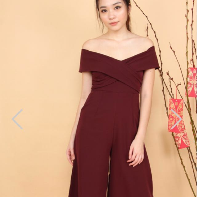 Maroon off shoulder jumpsuit clearance