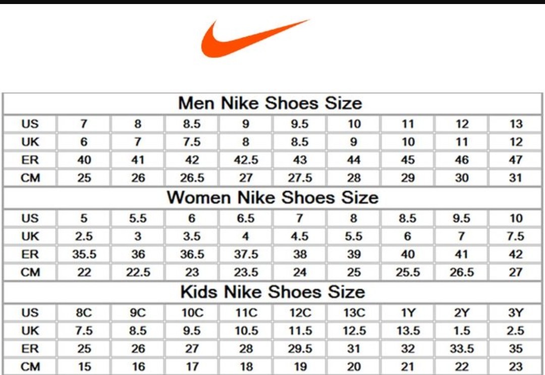 nike size table shoes
