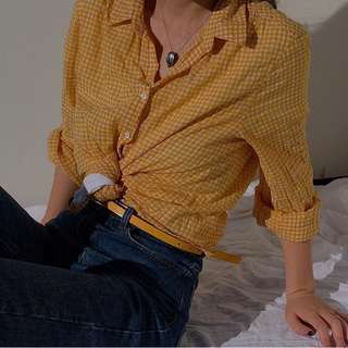 Jcrew Lemon yellow plaid shirt + yellow belt