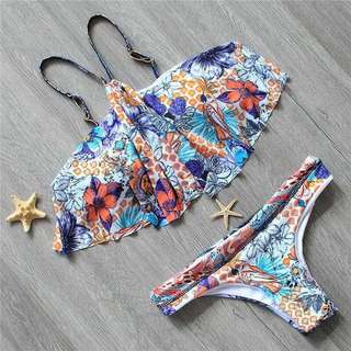 hot split sling lotus leaf printed bikini set