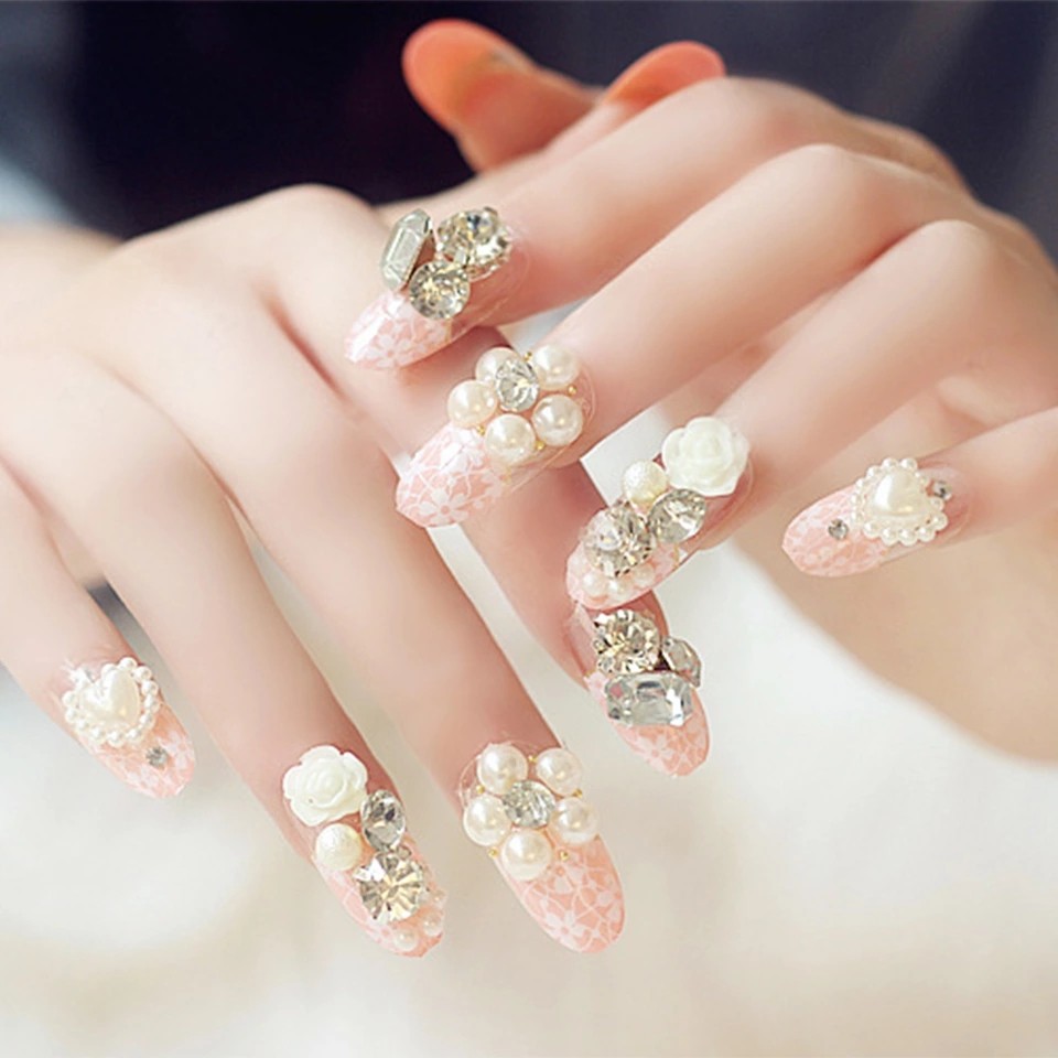 24pcsset Long Design Pink Bride Nail Art Tips Rhinestone Flower Decals Full Cover Artificial 0686