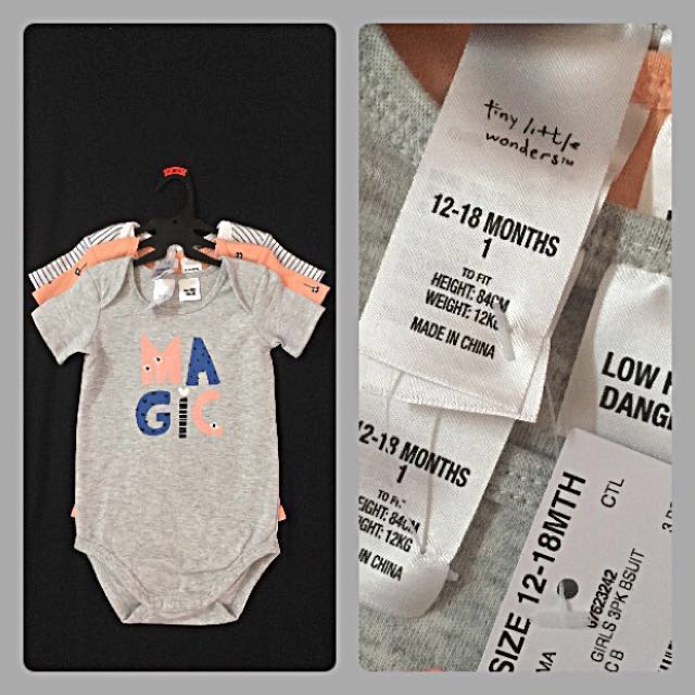 X3 Tiny Little Wonders Bodysuits Rompers For Girls 12 18mths