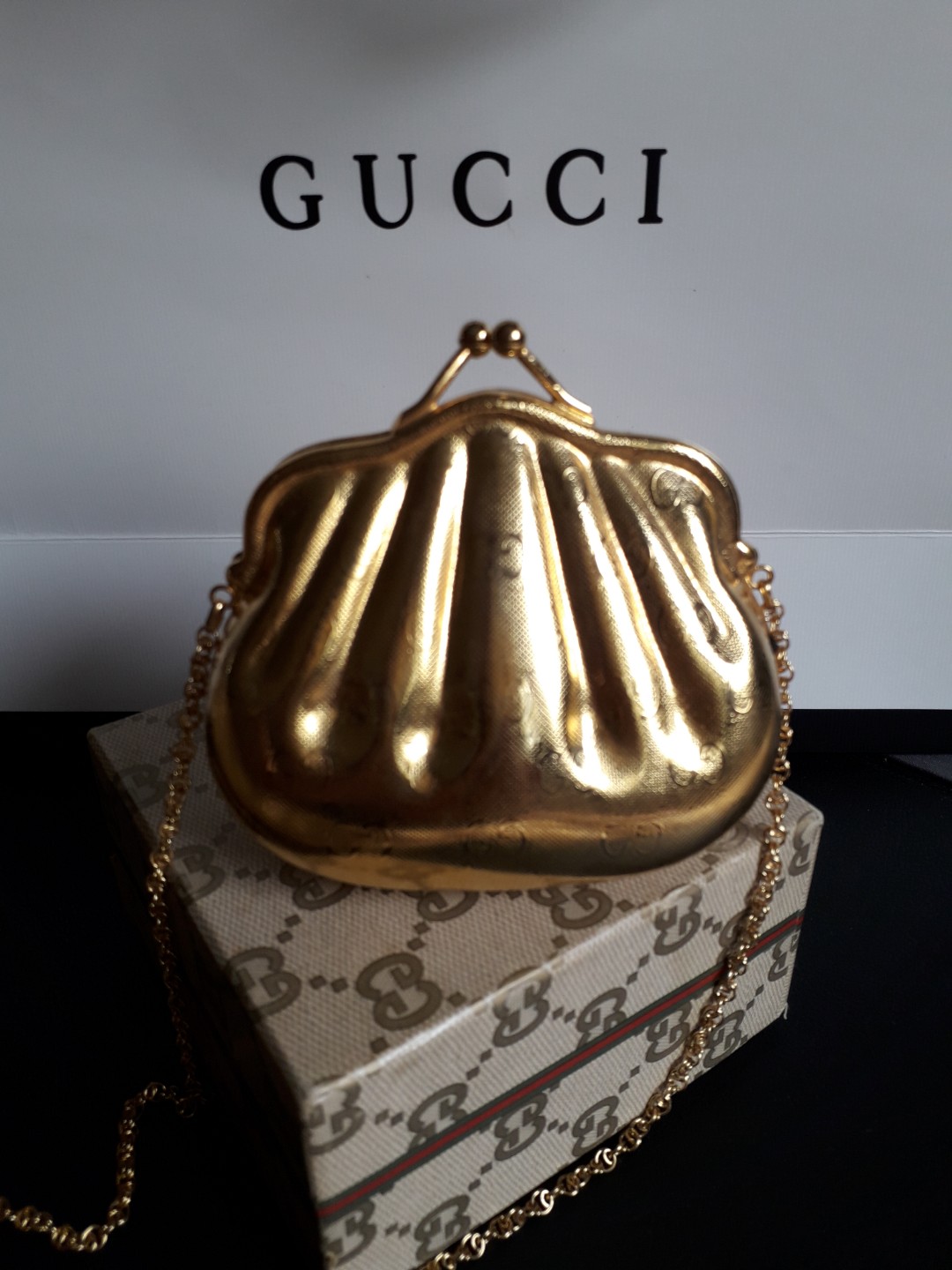 Gucci Gold Tone Metal Minaudière Chain Shoulder Bag Clutch at 1stDibs