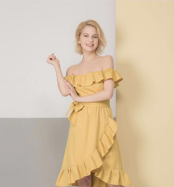 mustard yellow off shoulder dress