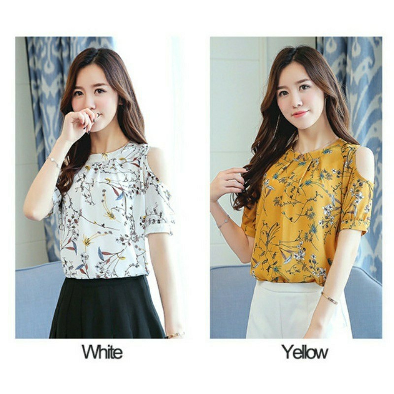 yellow floral cold shoulder top