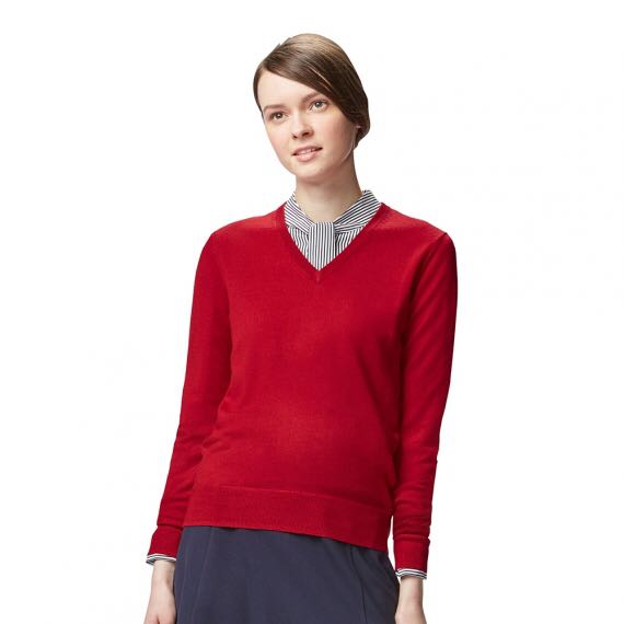 Uniqlo Extra Fine Merino Wool V Neck Sweater Top Red