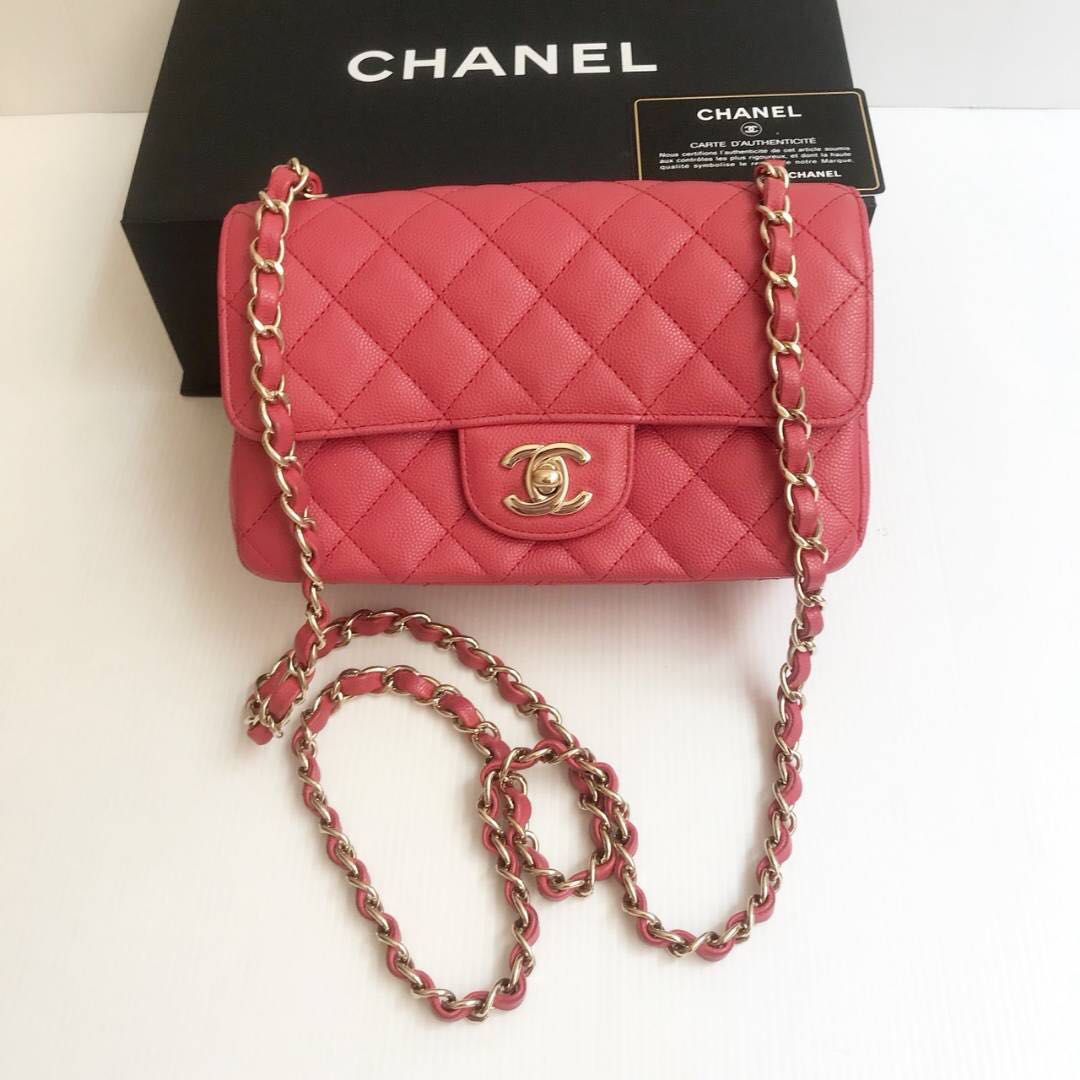 Chanel mini rectangular in coral pink, Luxury, Bags & Wallets on
