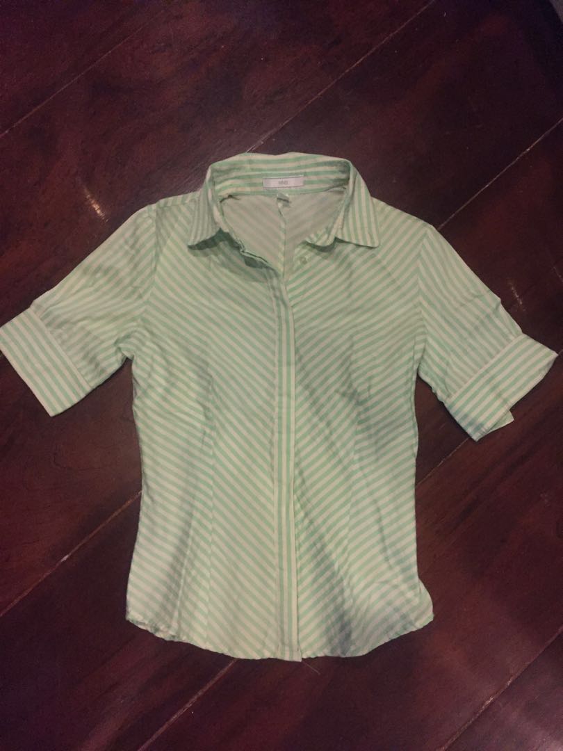 Mango button down top (Category: Blouses) located in Makati City. Submitted by di_one (Listing ID 164468960, Image 1). Description: Perfect condition colors are made for the summer season Mint green stripes and pearl button detail .