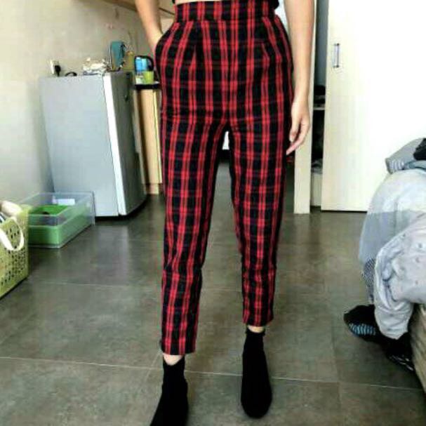 Pull and Bear Red High Waisted Checkered Pants Plaid Trousers