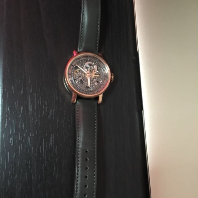 Women s Fossil Original Boyfriend Automatic Skeleton Gray Leather Watch ME3089